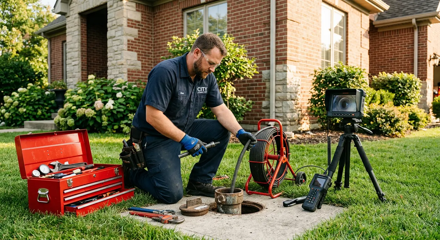 Sewer specialist with camera equipment servicing a cleanout in Haddon
