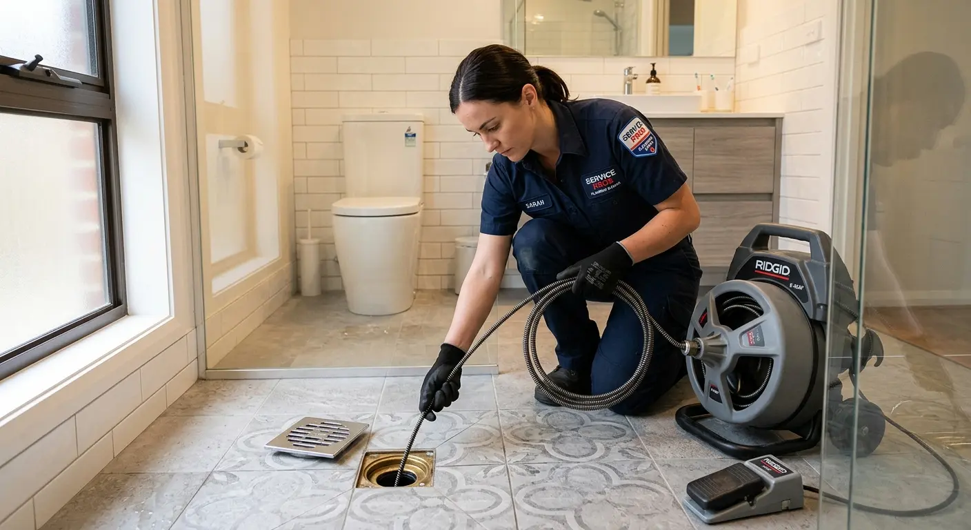 Technician clearing a bathroom floor drain for Drain Cleaning in Haddon